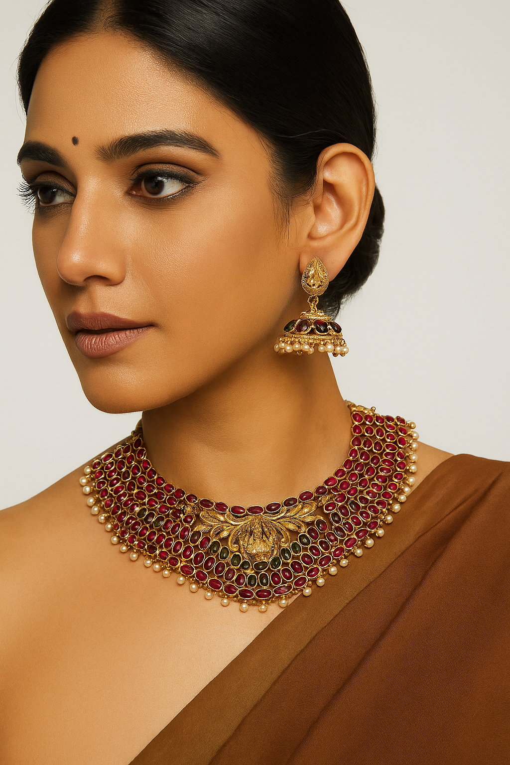 Heavy Lakshmi Temple Choker Set with Ruby-Green Stones & Pearl Drops